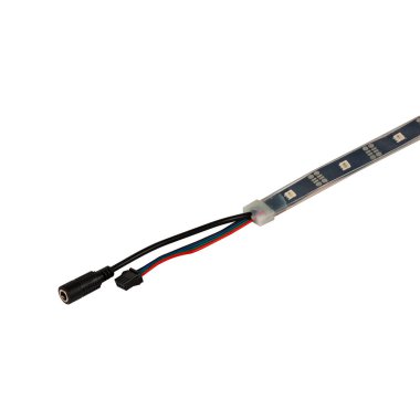 LED strip with connection cable close-up isolated on white background.