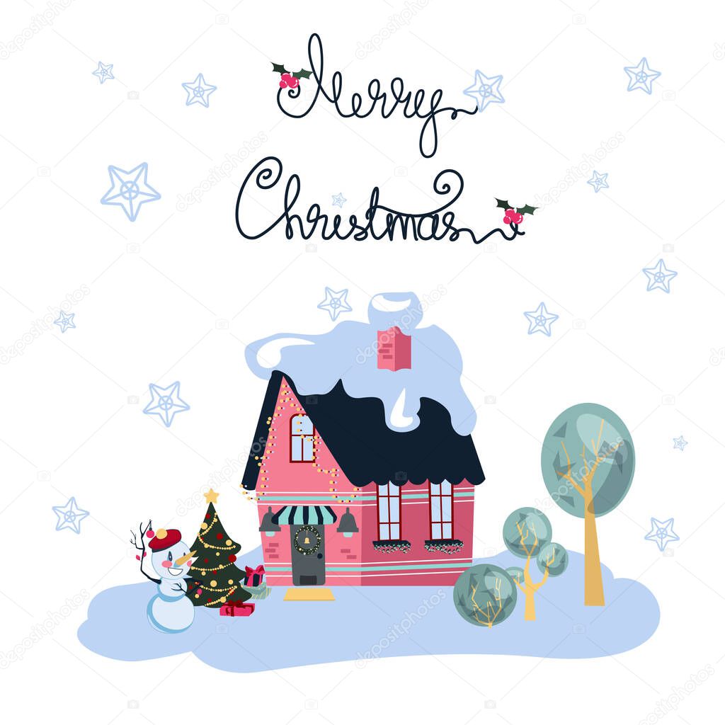 Merry Christmas Card with Pink House