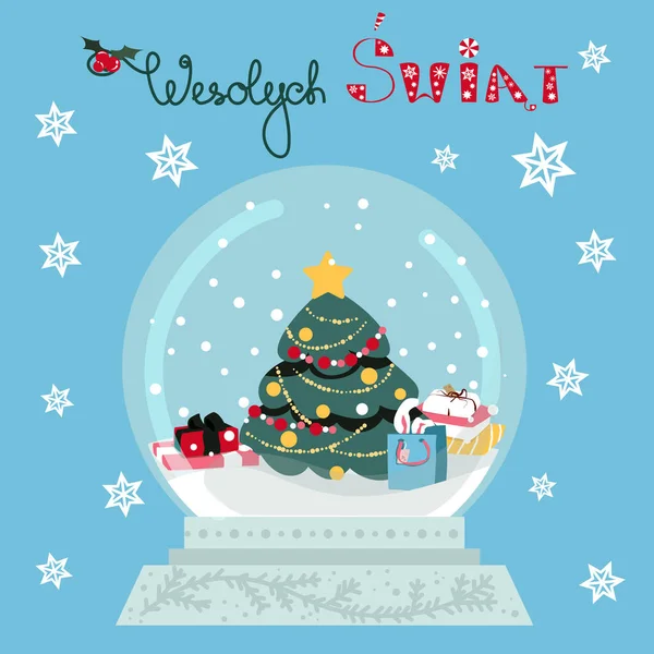 Árvore de Natal em bola de neve em fundo azul —  Vetores de Stock