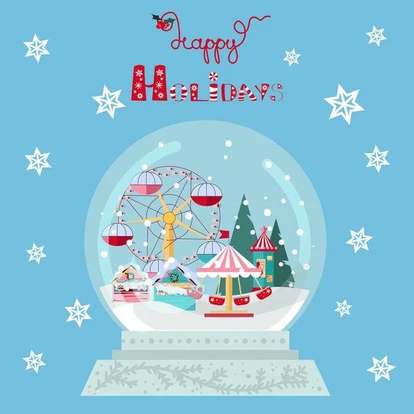 Christmas fair in Snow Globe on Blue Background — Stock Vector