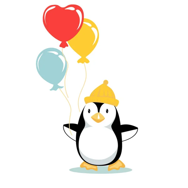 Pingüino de dibujos animados sostiene racimo de globos de colores — Vector de stock