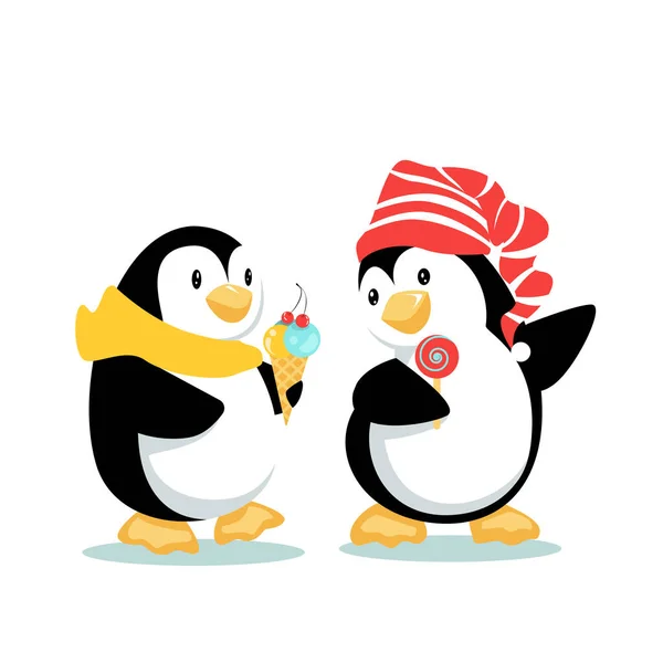Amigos pingüinos caminan charlando y comiendo bocadillos — Vector de stock