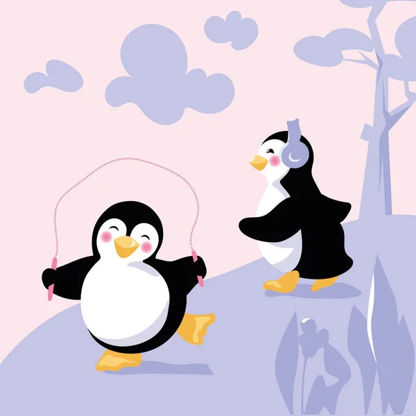 Ystävällinen pingviinit ovat hop run koulutus ulkona — vektorikuva