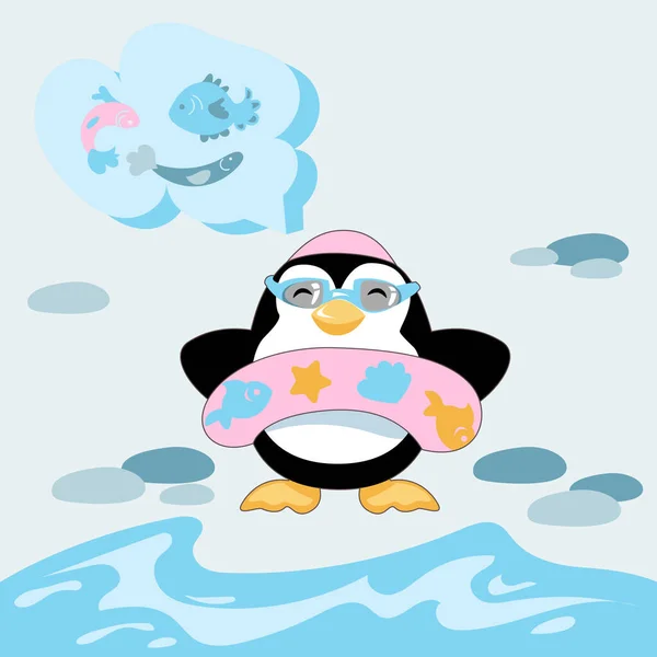 Dibujos animados bebé pingüino es excitado acerca de natación — Vector de stock