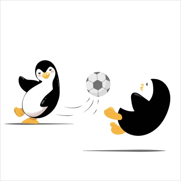 Κινούμενα σχέδια πιγκουίνοι παίζουν ποδόσφαιρο έξω από το σπίτι — Διανυσματικό Αρχείο