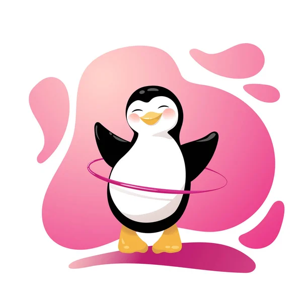 Dibujos animados pingüino gira aro de juguete alrededor de la cintura — Vector de stock