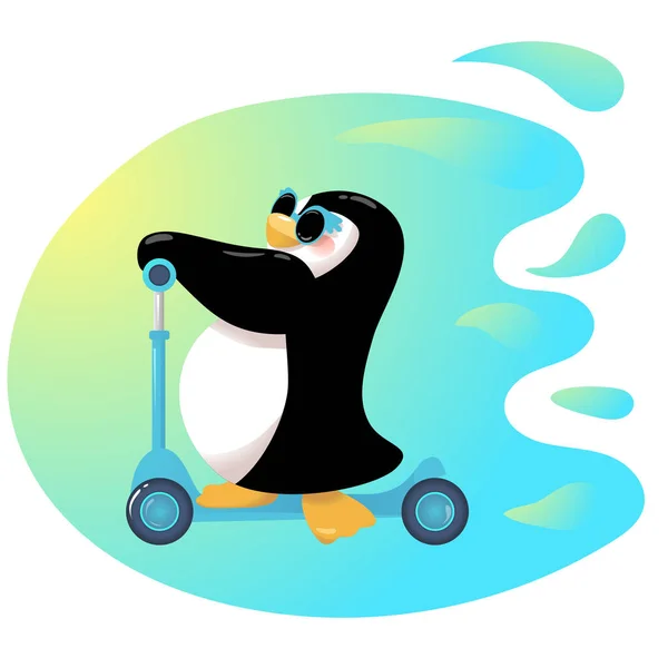Bebé pingüino fue a montar Scooter — Vector de stock