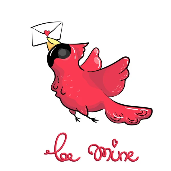Röd tecknad fågel flugor som håller kärlek brev i Beak — Stock vektor