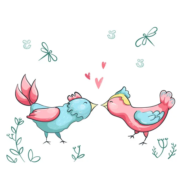 Några tecknade fåglar kyss med kärlek — Stock vektor