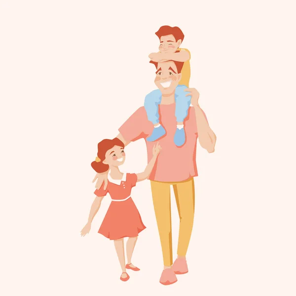 Feliz Padre Vinculación con Niños Hijo e Hija — Vector de stock