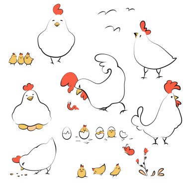 Kümes hayvanları Clipart. Duygusal Tavuk Ailesi ile Ayarlandı.