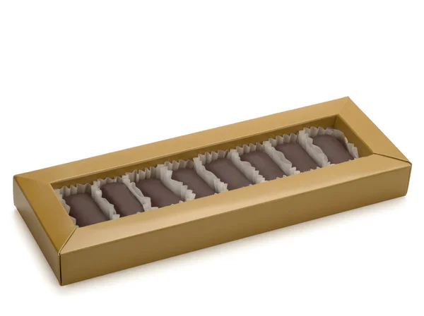 Een set van chocolade snoepjes in een papieren doos op witte achtergrond. — Stockfoto