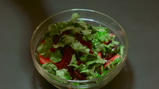 Ensalada de verduras espolvoreada con aceite de oliva — Vídeos de Stock