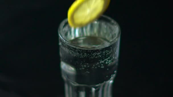 Runde Scheibe Zitronentropfen in einem Glas Wasser — Stockvideo