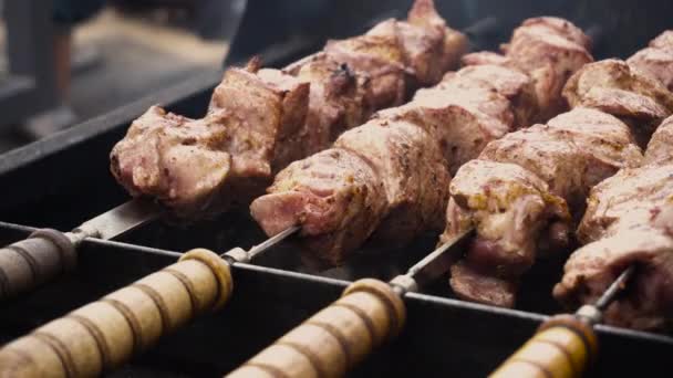 Trozos de carne asada al fuego — Vídeos de Stock
