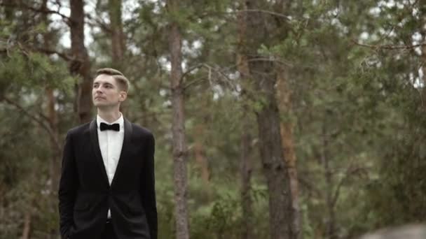 Bräutigam geht und hält die Hand in der Tasche — Stockvideo