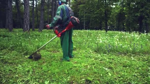 Hombre con una cortadora de césped en la mano — Vídeos de Stock