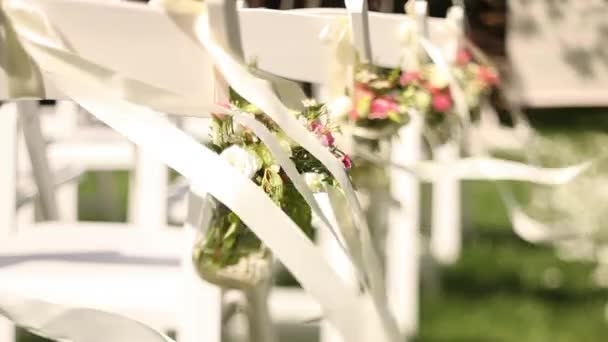 Satin Ribbons Decorate Chairs Wedding Ceremony Stock Video