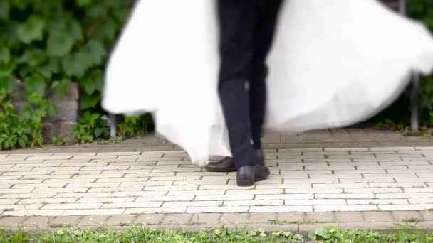 Bruidegom bruid cirkelen in armen — Stockvideo