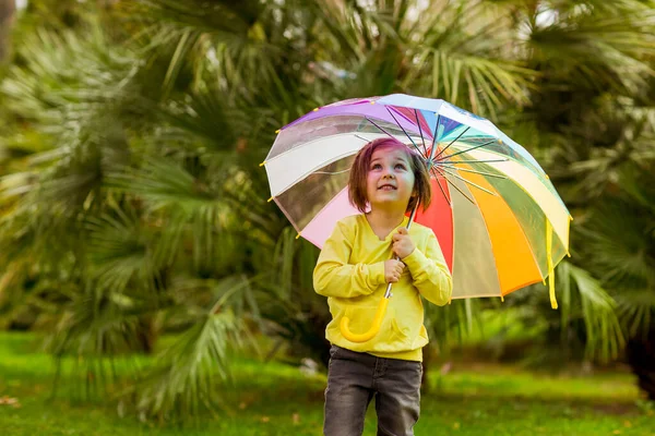 beautiful little girl.in a yellow sweater, jeans,and yellow boots, he stands with a colored umbrella against a background of green palm trees