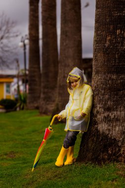 Kapüşonlu ve elinde şemsiyesi olan küçük bir kız. Yağmurlu bir havada bir ağacın yanında duruyor.