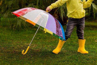 Sarı kazaklı ve sarı çizmeli güzel bir kız. Bir bahar günü, elinde renkli bir şemsiyeyle parkta yürüyor.