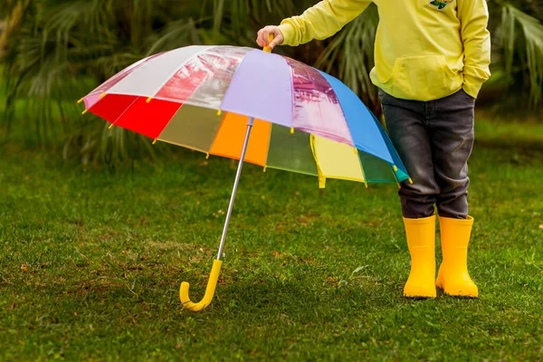 a beautiful girl in a yellow sweater and yellow boots, walking in the park with a colored umbrella, on a spring day