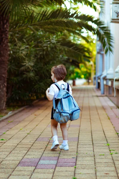 Little Girl Schoolgirl Goes School Denim Backpack Rear View — Stok fotoğraf