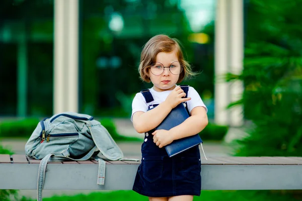 小さな女の子が学校の近くに立っていて制服と眼鏡を着ていて手に日記をつけて悲しい気分で泣いています — ストック写真