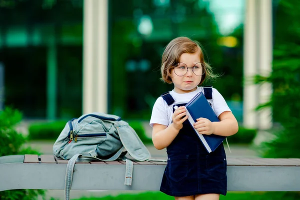 小さな女の子が学校の近くに立っていて制服と眼鏡を着ていて手に日記をつけて悲しい気分で泣いています — ストック写真