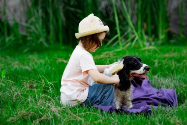 Şapkalı küçük, güzel bir kız, en sevdiği köpeği tarıyor, parkta battaniye ve yeşil çimenler üzerinde.