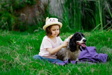 Şapkalı küçük, güzel bir kız, en sevdiği köpeği tarıyor, parkta battaniye ve yeşil çimenler üzerinde.