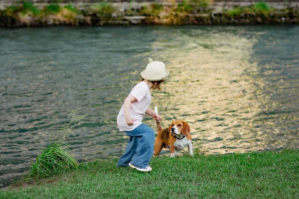 Una Hermosa Niña Sombrero Caminando Con Perro Joven Activo Una —  Fotos de Stock