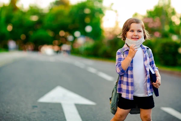 Schoolgirl Standing Road Plaid Shirt Medical Mask School Denim Backpack — Stock Photo, Image