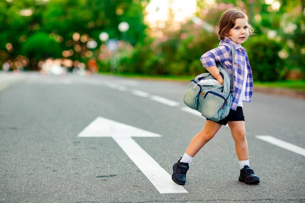 Una Studentessa Piedi Sulla Strada Con Una Camicia Quadri Una — Foto Stock