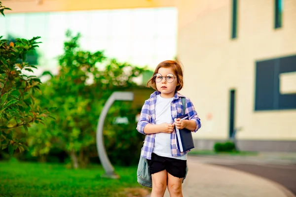 Uma Menina Bonita Uma Estudante Usando Óculos Está Perto Escola — Fotografia de Stock