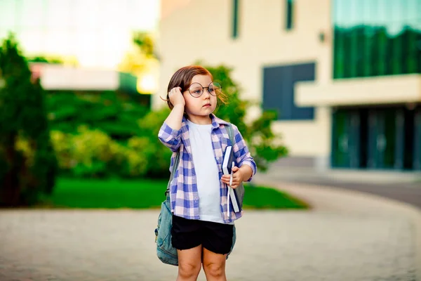 Güzel Küçük Bir Kız Liseli Bir Kız Gözlüklü Okulun Yanında — Stok fotoğraf
