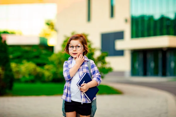 Una Bella Bambina Una Studentessa Con Gli Occhiali Piedi Vicino — Foto Stock