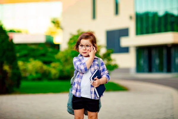 Een Mooi Klein Meisje Een Schoolmeisje Met Een Bril Staat — Stockfoto