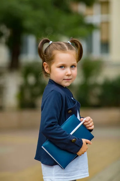 一个漂亮的小女孩 一个女学生 下午在学校附近 穿着校服 两个马尾辫 — 图库照片