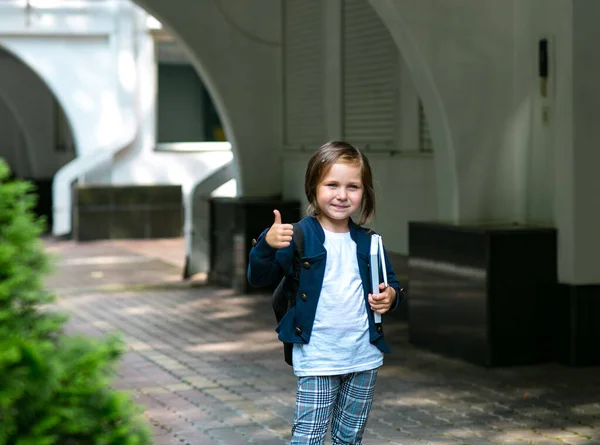 Una Bella Bambina Una Scolaretta Nel Pomeriggio Vicino Alla Scuola — Foto Stock