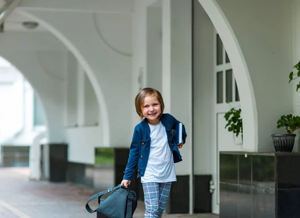 a beautiful little girl, a schoolgirl, in the afternoon near the school, in a stylish school uniform