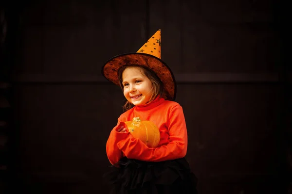 Mała Piękna Dziewczyna Pomarańczowym Czarnym Kostiumie Czarownicy Dynią Halloween Bawi — Zdjęcie stockowe