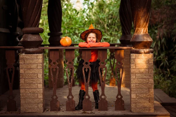 Маленькая Красивая Девушка Оранжево Черном Костюме Ведьмы Тыквой Хэллоуин Играет — стоковое фото