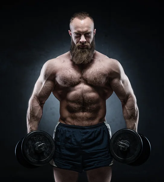 Bearded Muscular bodybuilder posing with heavy dumbbells 