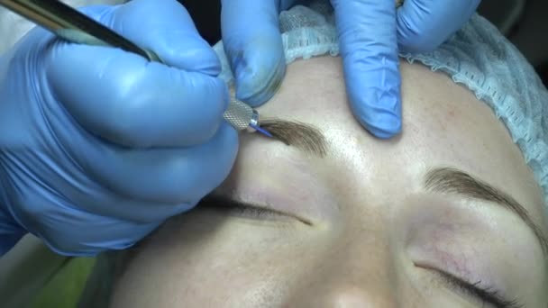 Procedimiento de Microblading. Maestro trabaja con las cejas . — Vídeos de Stock