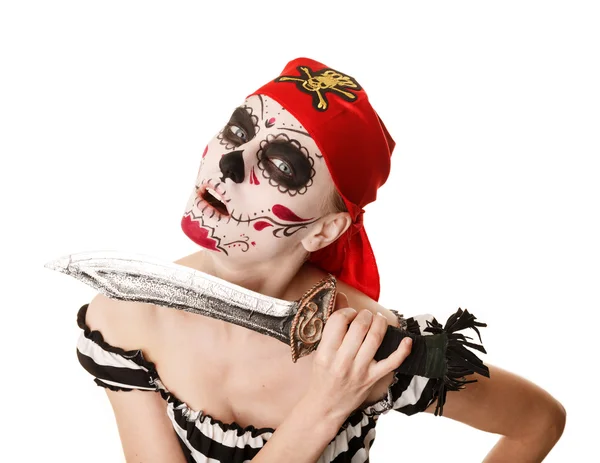 Piratin mit Schwert. Kostüm für Halloween — Stockfoto