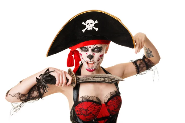 Vrouw piraat met een zwaard. Kostuum voor Halloween — Stockfoto