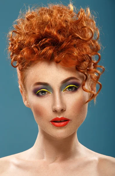 Red-haired. Beautiful girl with colour bright makeup — Stock Photo, Image