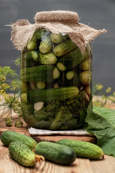 Homemade cucumber preserved in glass jar. — Stock Image Homemade cucumber preserved in glass jar. Royalty Free Stock Photos
